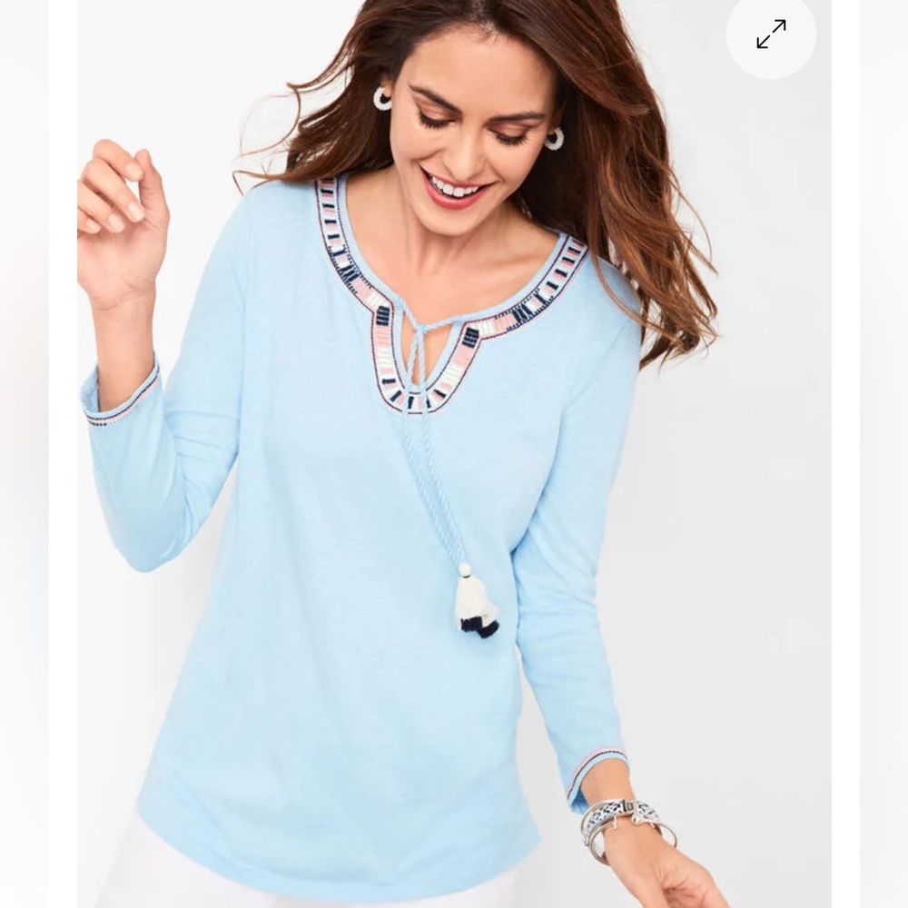 Talbots Blue Embroidered Tie Tassel Front Tunic Blouse Size SP